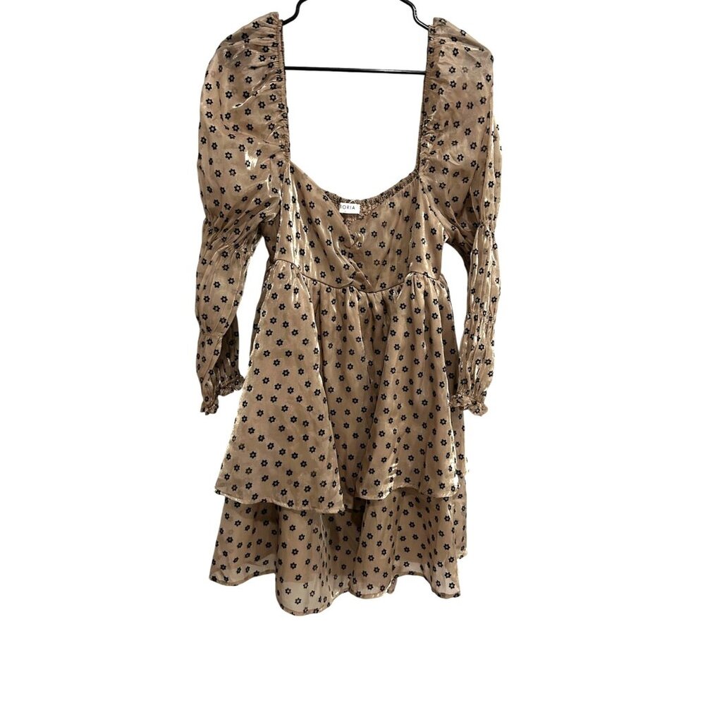 Storia Gold Tiered Floral Print Off Shoulder Long Sleeve Dress Sz L Baby Doll